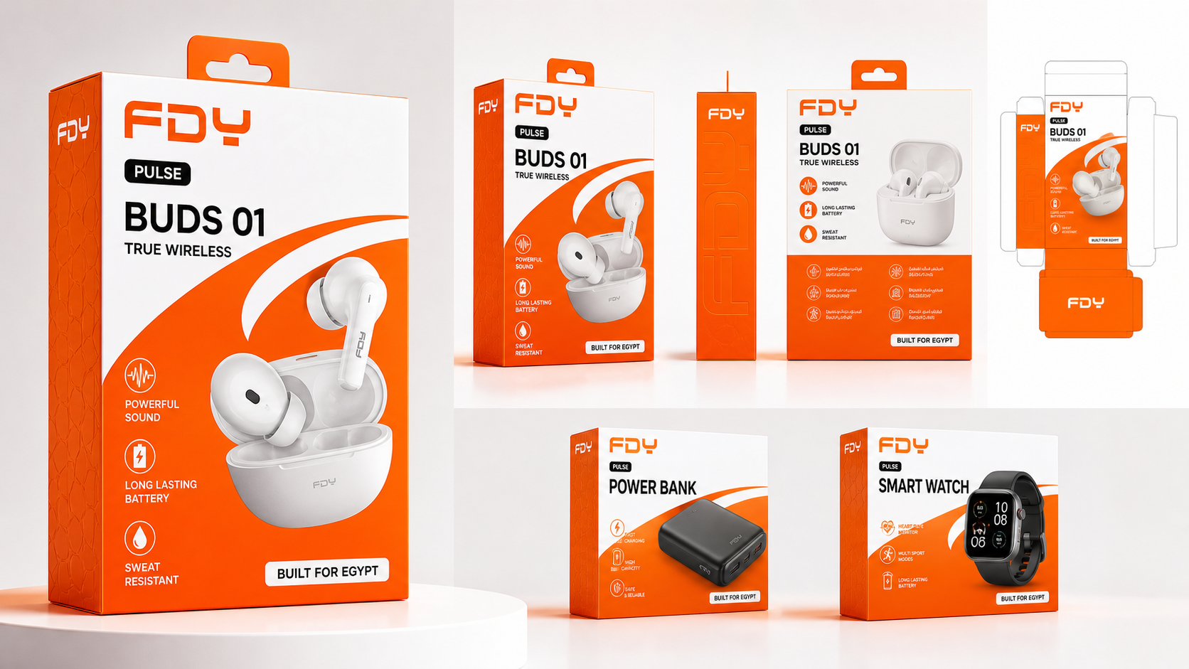 FDY PULSE packaging system concept with front, back, side, dieline and product family