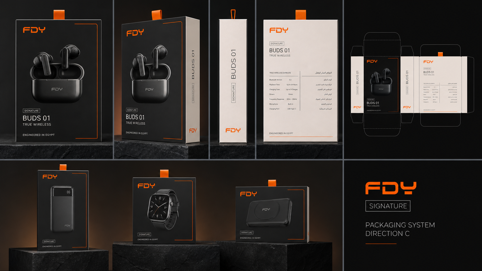 FDY SIGNATURE packaging system concept with front, back, side, dieline and product family
