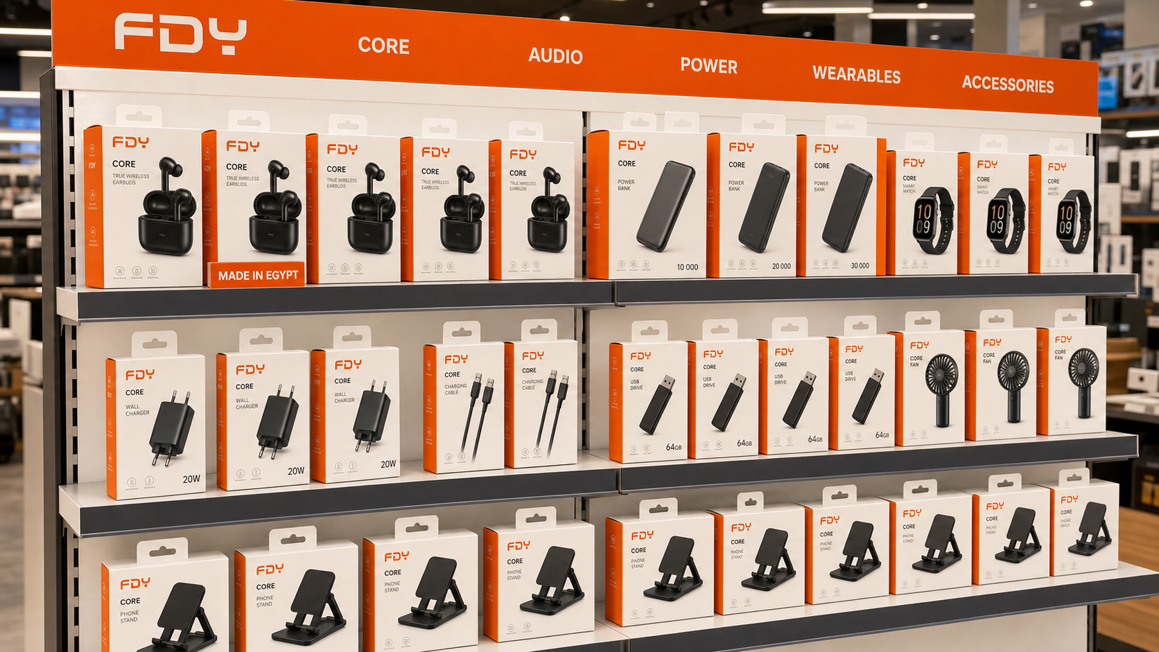 FDY CORE packaging system displayed across an electronics retail shelf
